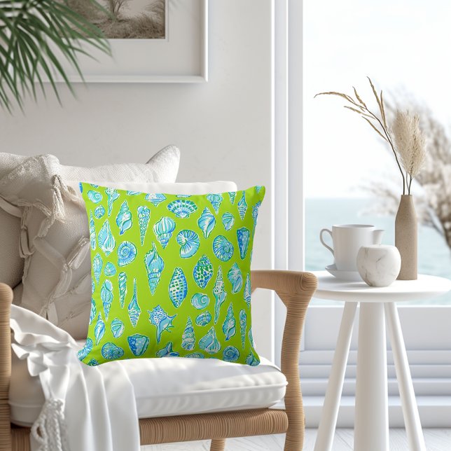 Preppy Blue and White Seashells / Coastal Lime Throw Pillow (Creator Uploaded)