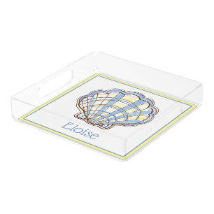 Preppy Blue and Yellow Plaid Scallop Seashell Acrylic Tray