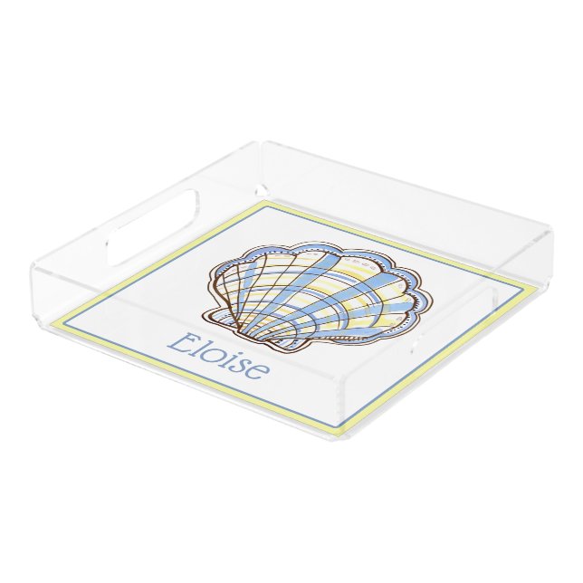 Preppy Blue and Yellow Plaid Scallop Seashell Acrylic Tray (Angled)