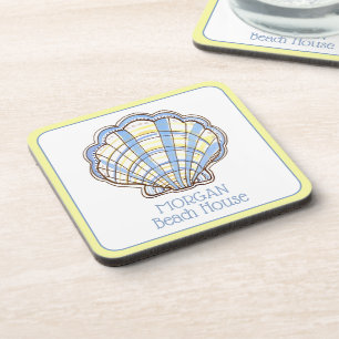 Preppy Blue and Yellow Plaid Scallop Seashell Beverage Coaster