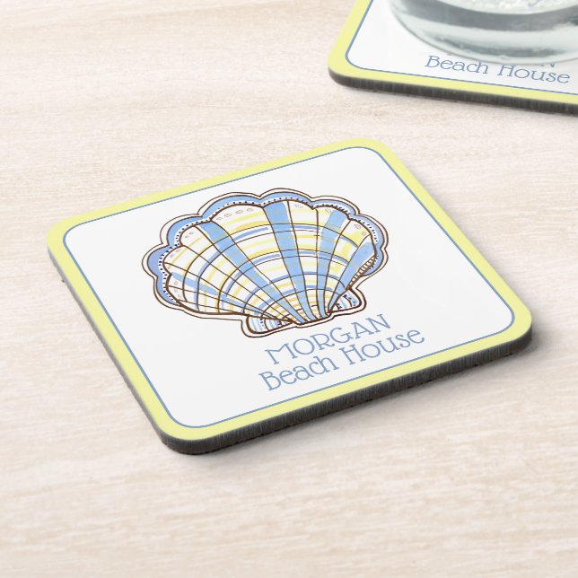 Preppy Blue and Yellow Plaid Scallop Seashell Beverage Coaster (Left Side)