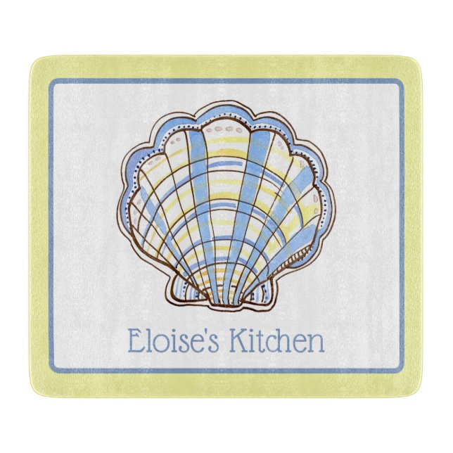 Preppy Blue and Yellow Plaid Scallop Seashell Cutting Board (Front)