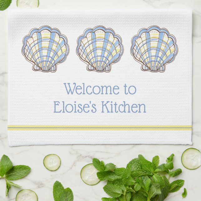 Preppy Blue and Yellow Plaid Scallop Seashell Kitchen Towel (Folded)