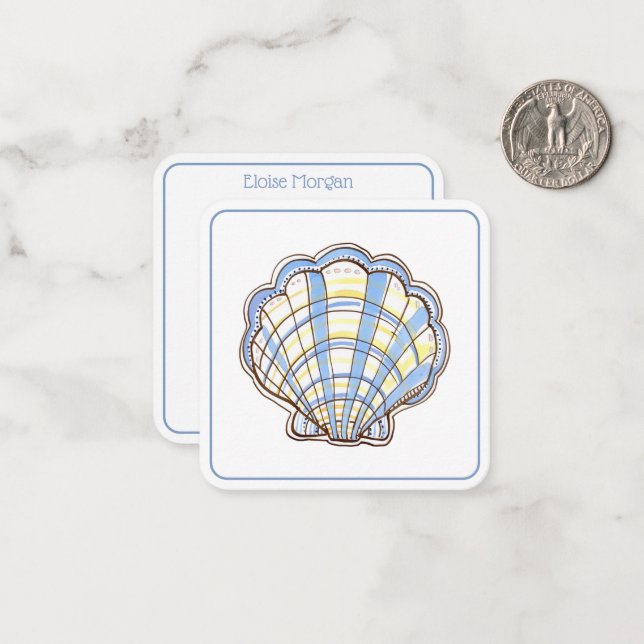 Preppy Blue and Yellow Plaid Scallop Seashell Note Card (Front/Back In Situ)