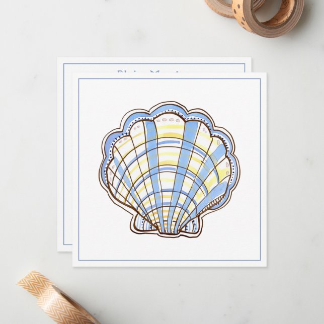 Preppy Blue and Yellow Plaid Scallop Seashell Note Card (Front/Back In Situ)