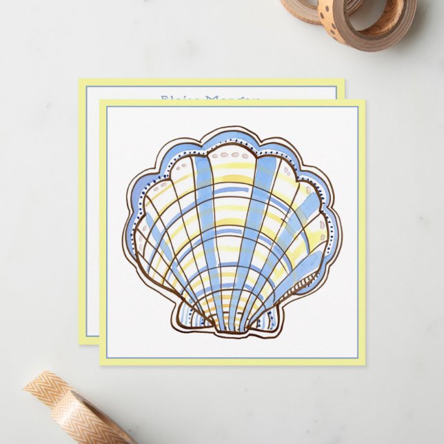 Preppy Blue and Yellow Plaid Scallop Seashell Note Card (Front/Back In Situ)