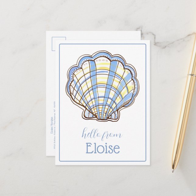 Preppy Blue and Yellow Plaid Scallop Seashell Postcard (Front/Back In Situ)