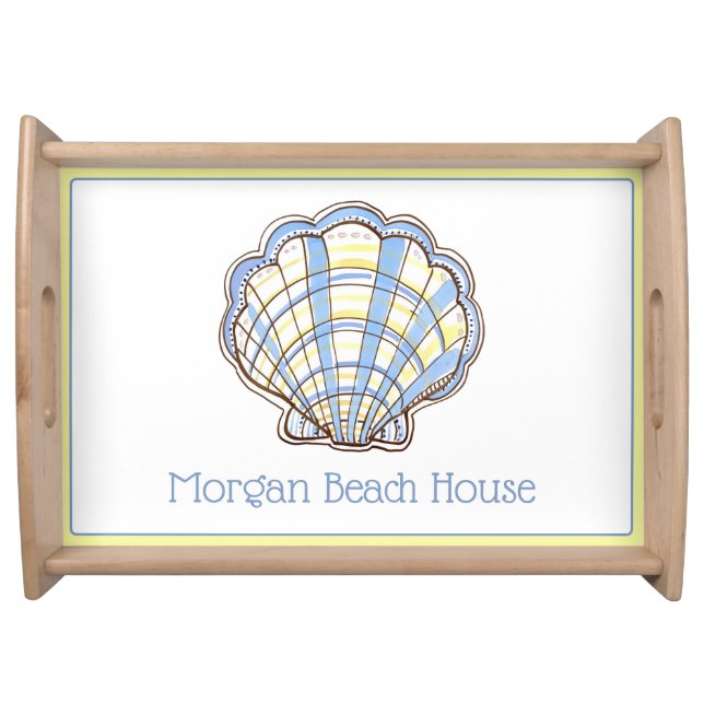 Preppy Blue and Yellow Plaid Scallop Seashell Serving Tray (Front)