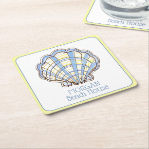 Preppy Blue and Yellow Plaid Scallop Seashell Square Paper Coaster