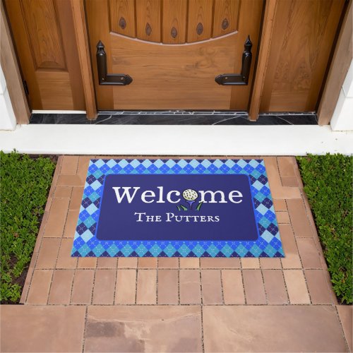 Preppy Blue Argyle Personalized Golf Tee Welcome Doormat