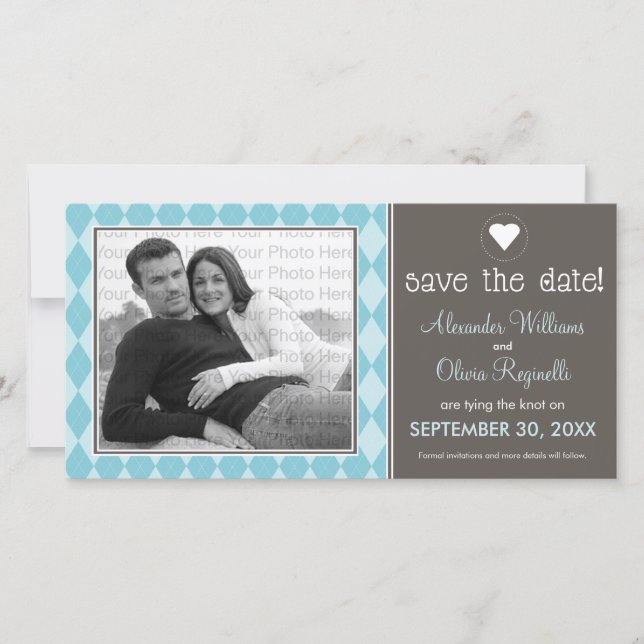 Preppy Blue Argyle Save the Date Announcement (Front)
