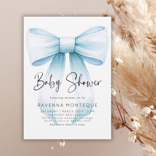 Preppy Blue Bow Clean Personalized Baby Shower  Invitation (Creator Uploaded)
