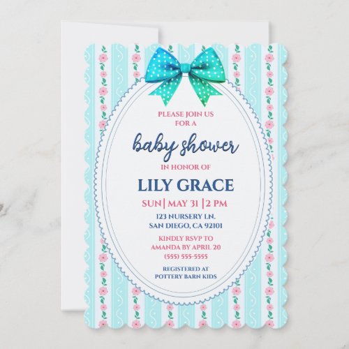 Preppy Blue Bow & Floral Baby Shower Invitation