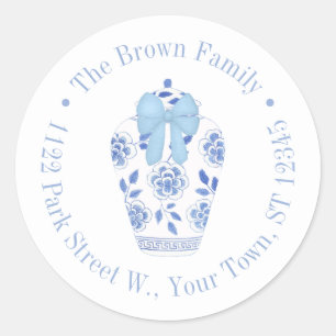 Preppy Blue Bow Ginger Jar Return Address Classic Round Sticker