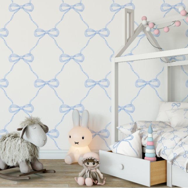 Preppy Blue Bow Grandmillennial Style Wallpaper (Matching wallpaper, duvet cover and pillow)