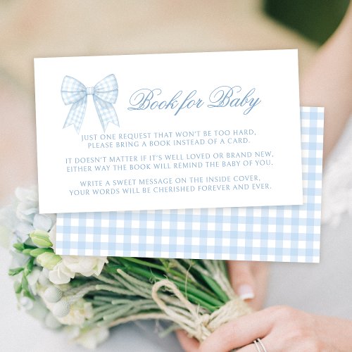 Preppy blue bow ribbon book for baby boy shower enclosure card