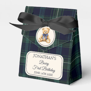 Preppy Blue Bow Teddy Bear Tartan Birthday  Favor Boxes