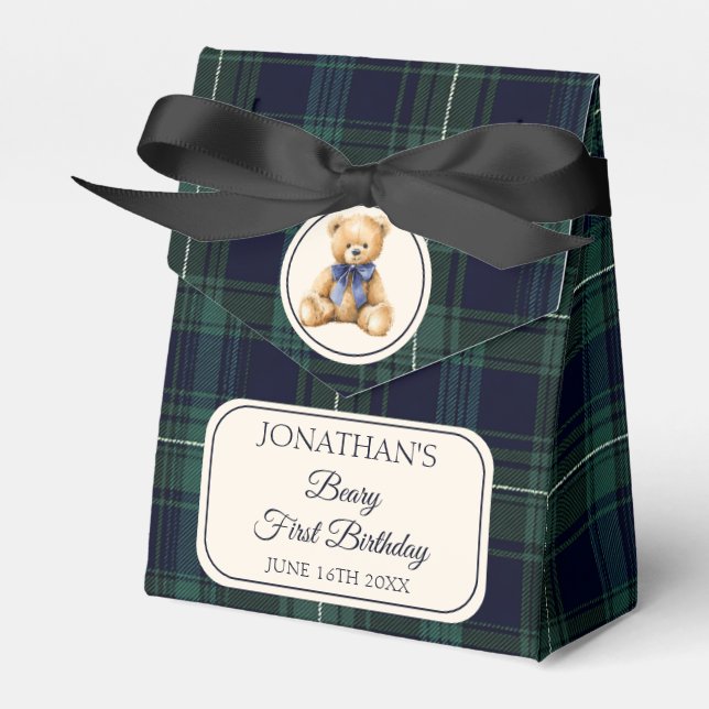 Preppy Blue Bow Teddy Bear Tartan Birthday  Favor Boxes (Front Side)