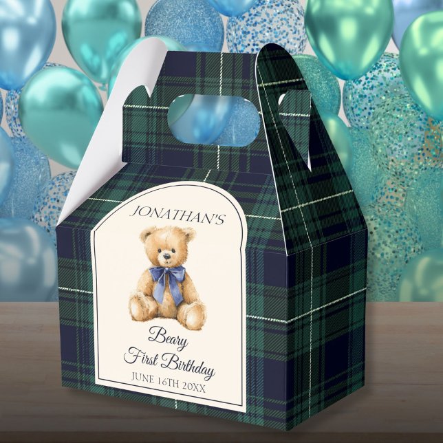 Preppy Blue Bow Teddy Bear Tartan Birthday  Favor Boxes (Creator Uploaded)
