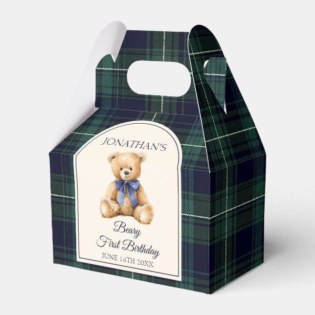Preppy Blue Bow Teddy Bear Tartan Birthday  Favor Boxes (Front Side)