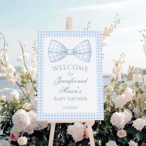 Preppy blue bow tie baby shower welcome sign board