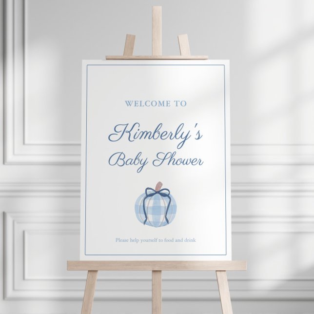 Preppy Blue Check Pumpkin Baby Shower Welcome Sign (Preppy watercolor blue and white gingham pumpkin baby shower for boy welcome sign)