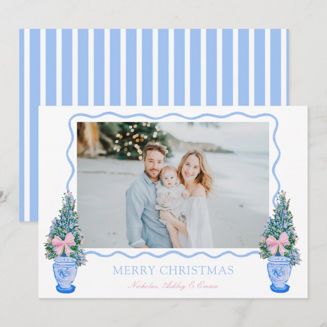 Preppy Blue Chinoiserie Christmas Tree Ginger Jars Holiday Card (Front/Back)