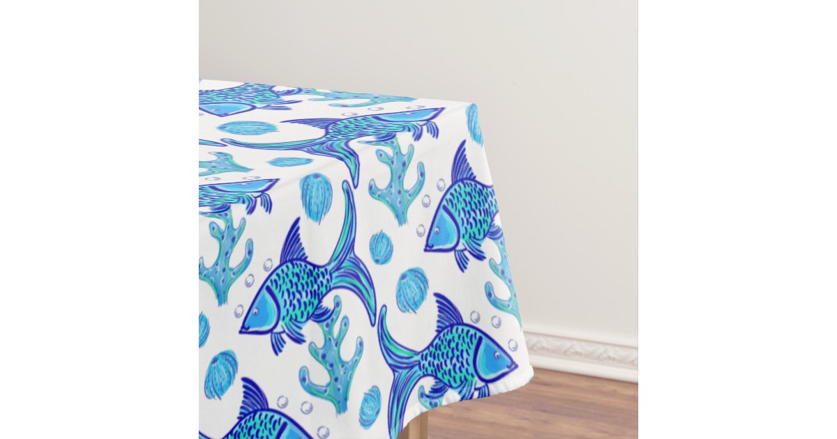 Preppy Blue Fish Pattern Coastal Beach House Boat Tablecloth | Zazzle