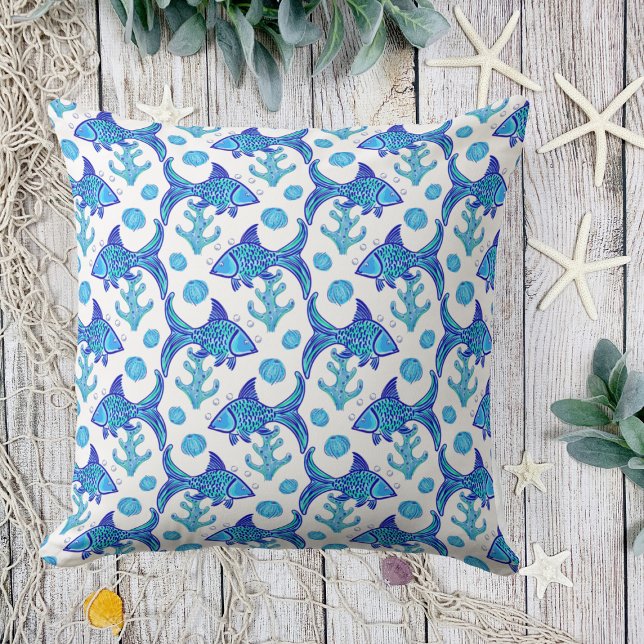 Preppy Blue Fish Pattern  Throw Pillow (Creator Uploaded)