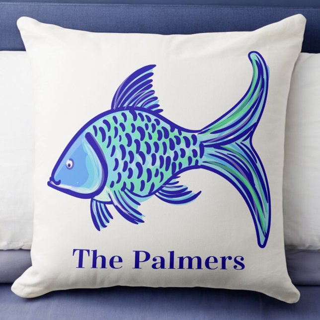 Preppy Blue Fish  Throw Pillow (Creator Uploaded)
