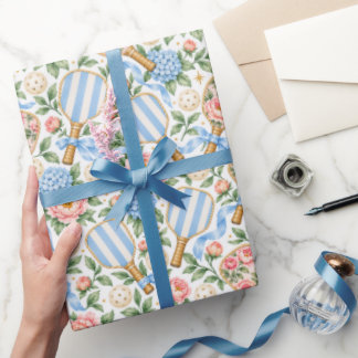 Preppy Blue Floral Pickleball Player Gift Wrapping Paper