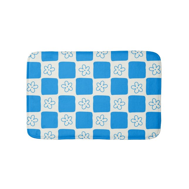 Preppy Blue Flower Checkered Pattern Bath Mat (Front)