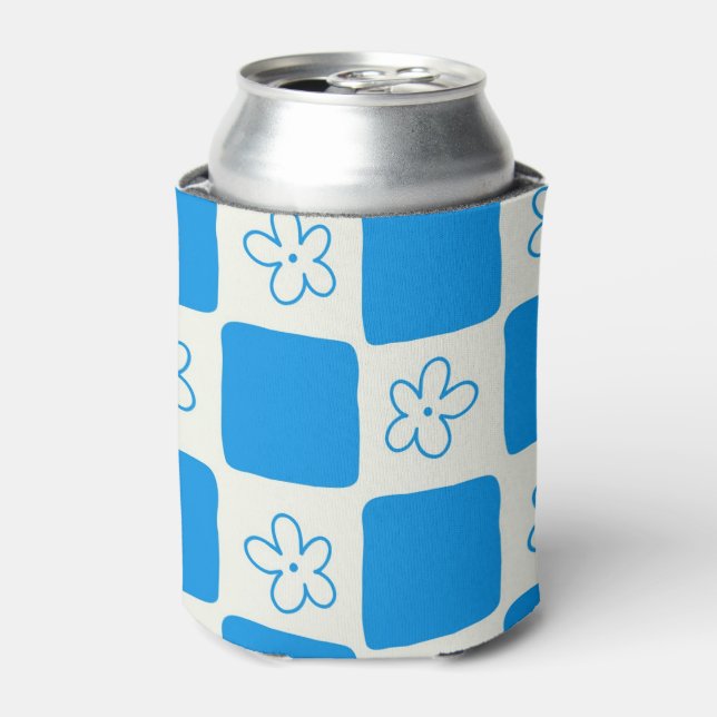 Preppy Blue Flower Checkered Pattern Can Cooler (Can Front)