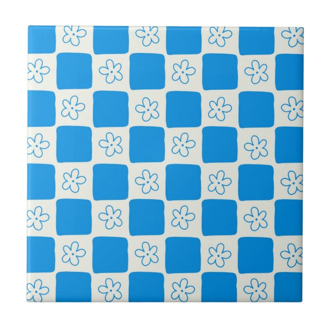 Preppy Blue Flower Checkered Pattern Ceramic Tile (Front)