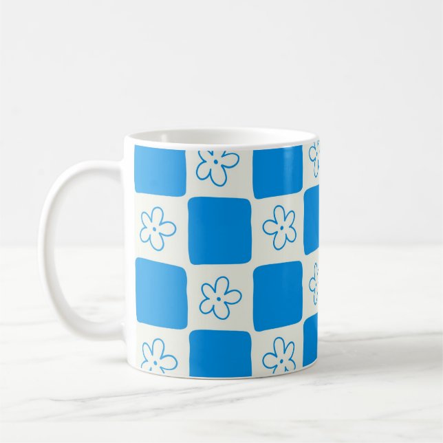 Preppy Blue Flower Checkered Pattern Coffee Mug (Left)