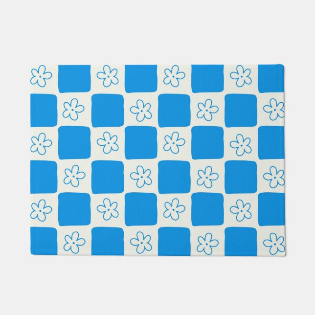 Preppy Blue Flower Checkered Pattern Doormat (Front)