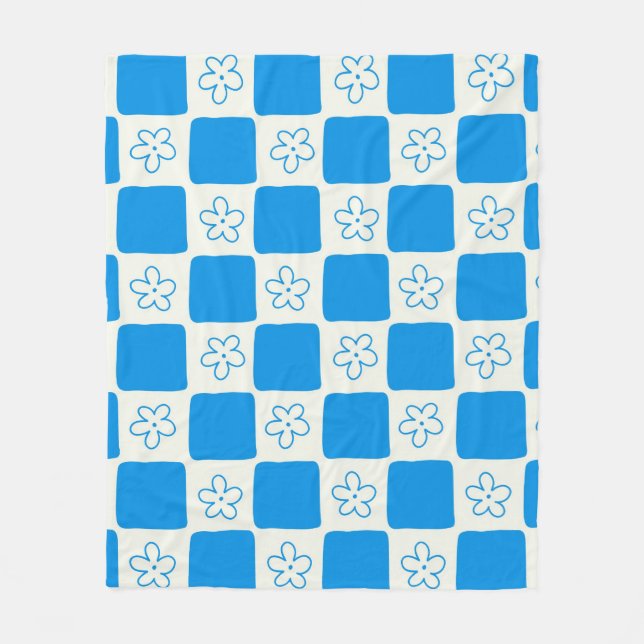 Preppy Blue Flower Checkered Pattern Fleece Blanket (Front)