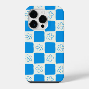 Preppy Blue Flower Checkered Pattern iPhone 14 Pro Case