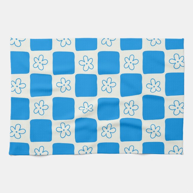 Preppy Blue Flower Checkered Pattern Kitchen Towel (Horizontal)