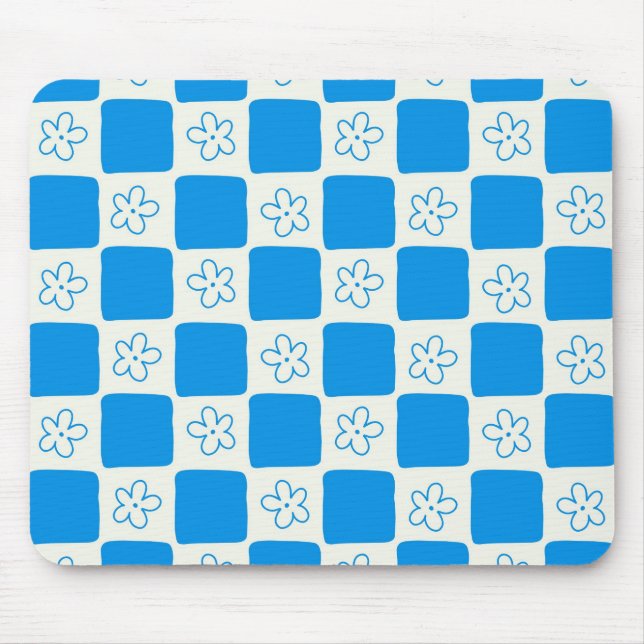 Preppy Blue Flower Checkered Pattern Mouse Pad (Front)