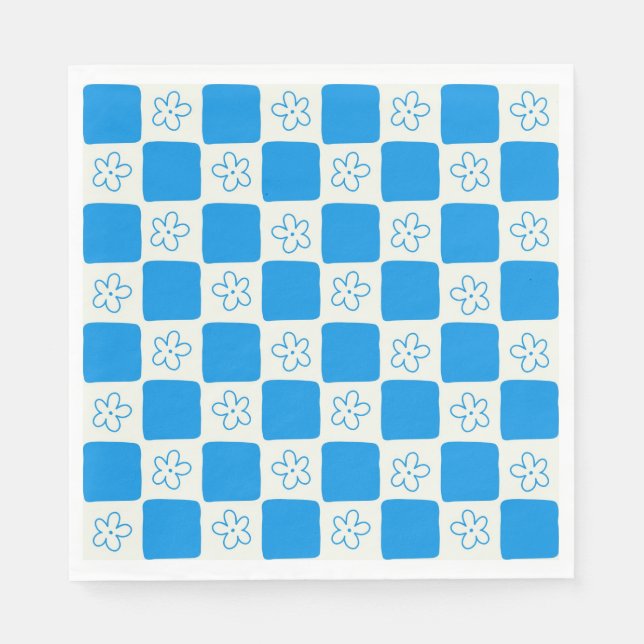Preppy Blue Flower Checkered Pattern Napkins (Front)
