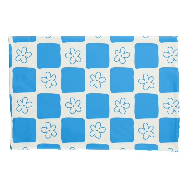 Preppy Blue Flower Checkered Pattern Pillow Case (Front)
