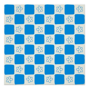 Preppy Blue Flower Checkered Pattern Poster