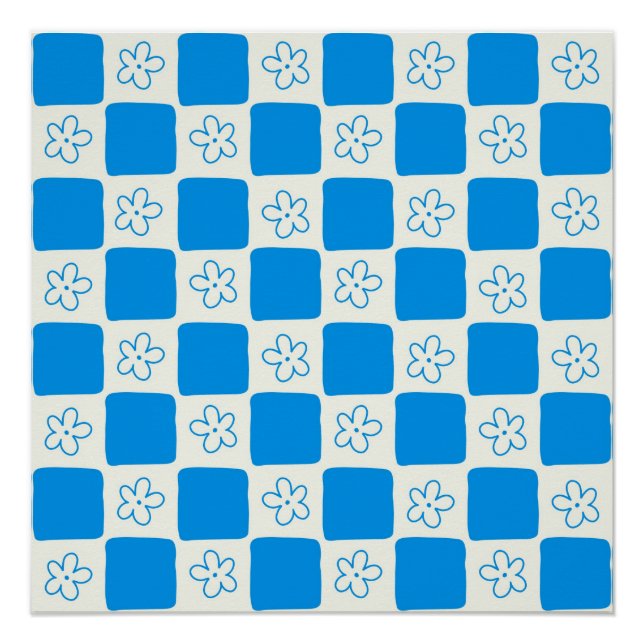 Preppy Blue Flower Checkered Pattern Poster (Front)