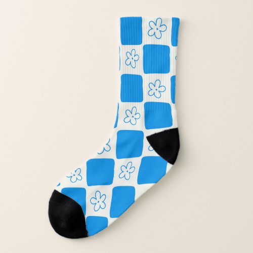 Preppy Blue Flower Checkered Pattern Socks