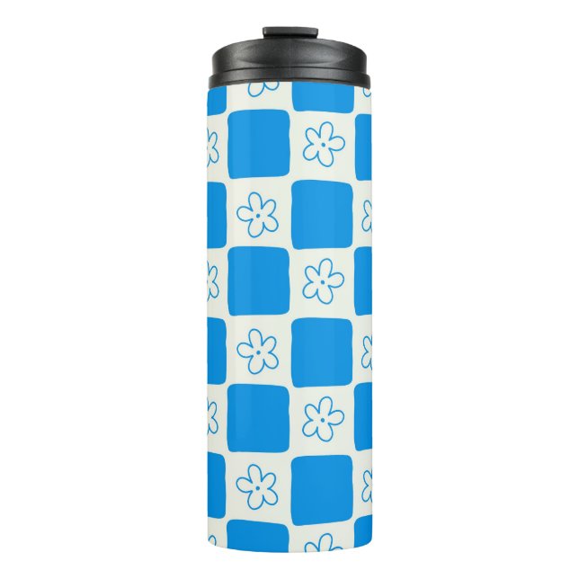 Preppy Blue Flower Checkered Pattern Thermal Tumbler (Front)