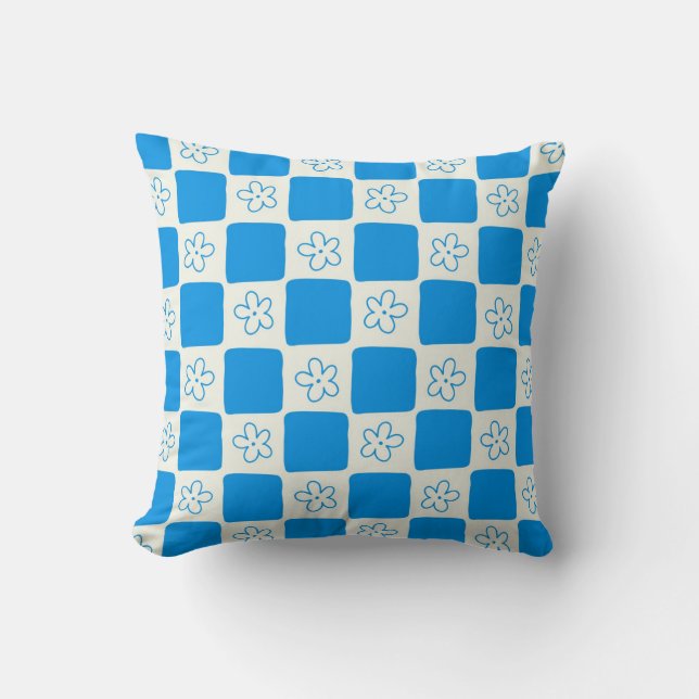 Preppy Blue Flower Checkered Pattern Throw Pillow (Front)