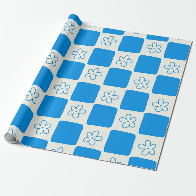 Preppy Blue Flower Checkered Pattern Wrapping Paper (Unrolled)