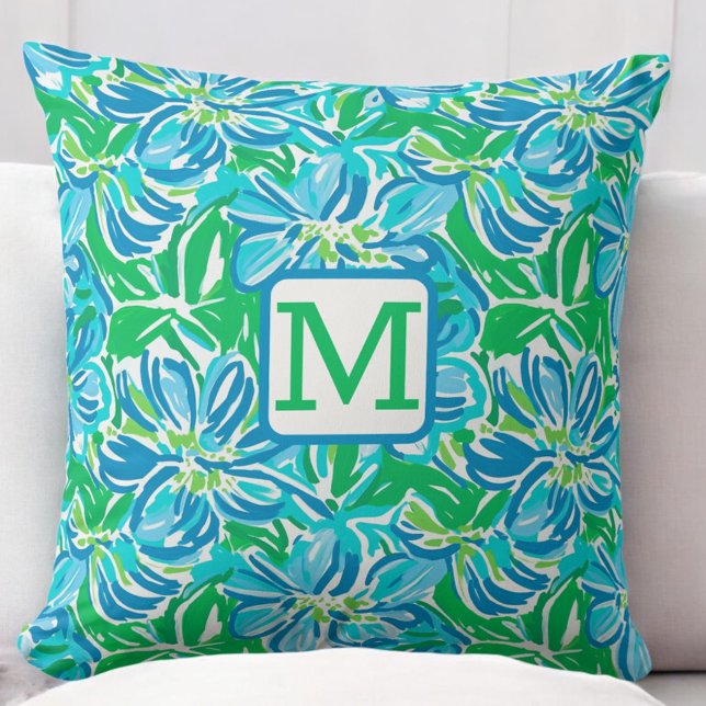 Preppy Blue Flowers Monogram Throw Pillow (Creator Uploaded)