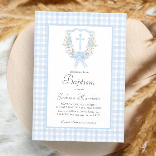 Preppy Blue Gingham Boy Baptism Invitation